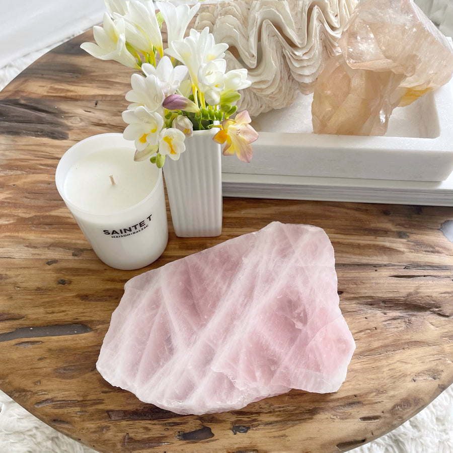 Thick Cut Natural Rose Quartz Crystal Slab Platter Tray VII